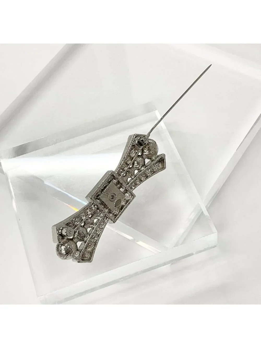 Chanel Brooch Coco Mark Rhinestone Ribbon Pearl Silver